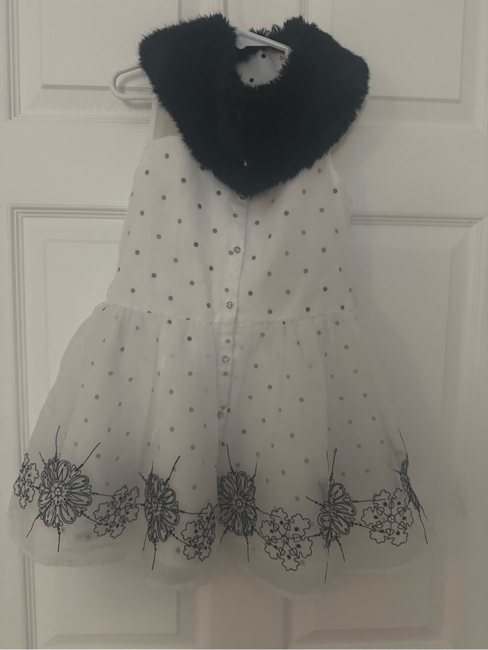 American Girl White Polka Dot Dress with Black Faux Fur Trim